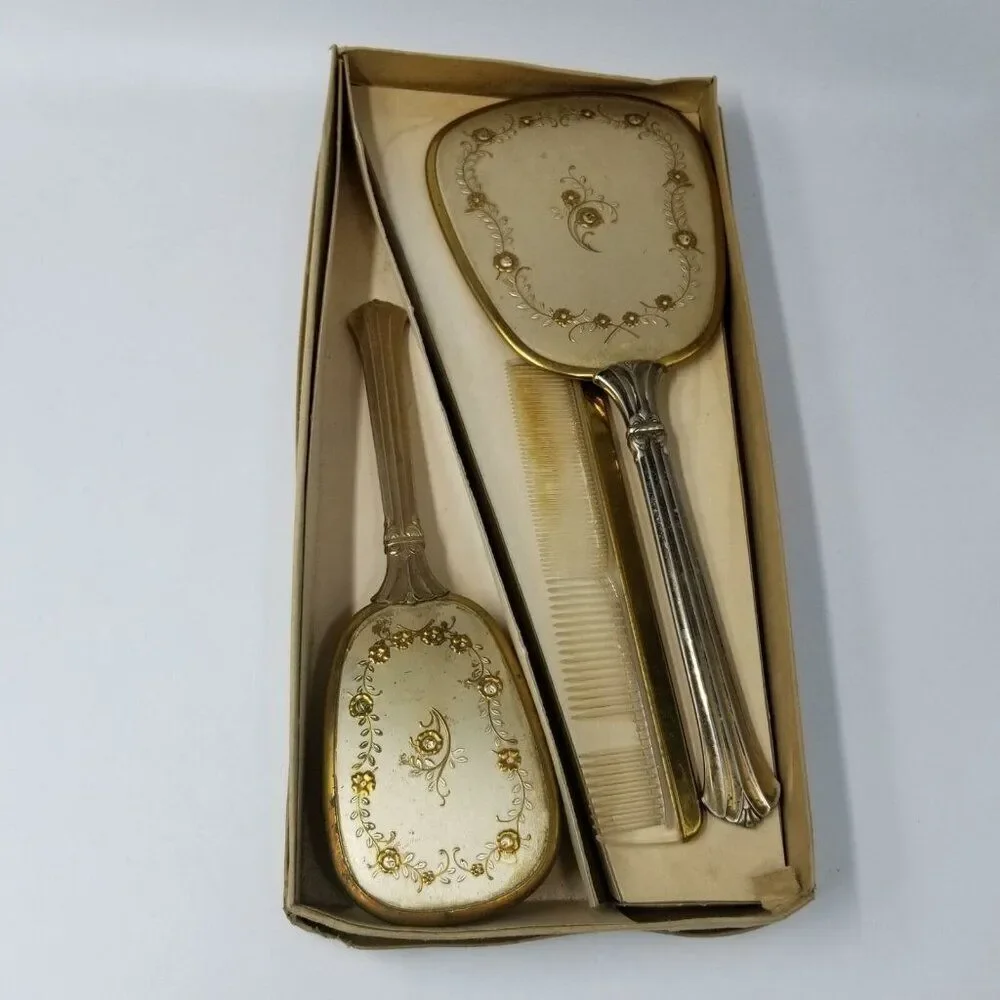 Vintage 40s Matson Vanity Dresser Hand Mirror Gold Comb Brush Hollywood Regency